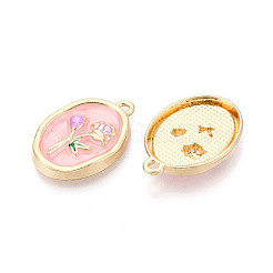 メッキ合金エナメルチャームラック  オーバル フラワーチャーム付き  カドミウムフリー＆ニッケルフリー＆鉛フリー  ゴールドカラー  ピンク  26x18x4~5mm  穴：1.6~1.8mm&nbsp;ENAM-T024-89B-G