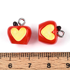 樹脂とエナメルのチャーム  リンゴの心  プラチナメッキ鉄ループ付き  レッド  13~14x12.5~13x11.5~12mm  穴：2mm&nbsp;RESI-T059-15