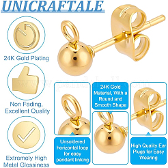 304ステンレススチールスタッドピアス金具50個  カン付き  ラウンド  304ステンレススチール製イヤーナット50個  ゴールドカラー  6~15x4.5~7x3~4mm  穴：0.8~1.7mm  ピン：0.8mm&nbsp;STAS-UN0059-19