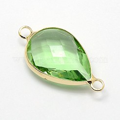 ゴールデントーン真鍮ガラスティアドロップリンクコネクター  淡緑色  21x11x5mm  穴：2mm&nbsp;GLAA-J010A-HF12-G