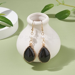 Natural Obsidian Teardrop Dangle Earrings with Natural Pearl&nbsp;EJEW-JE04850-02
