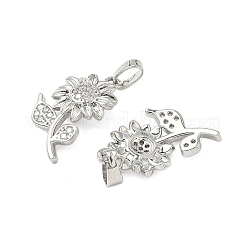 真鍮マイクロパヴェクリアキュービックジルコニアペンダント  カドミウムフリー＆鉛フリー  花  プラチナ  21x12x2.5mm  穴：2x4.5mm&nbsp;KK-B139-10P