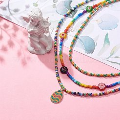 3 個 3 スタイル イースターの日合金エナメル イースターエッグ ペンダント ネックレス セット  ミッレフィオーリ & グラス シード ビーズ スタッカブル ネックレス レディース  ミックスカラー  15.63~17.99インチ（39.7~45.7cm）  1個/スタイル&nbsp;NJEW-JN04014