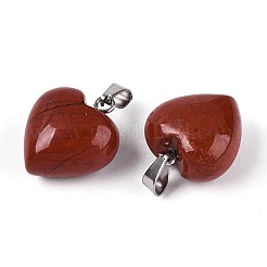 天然石レッドジャスパーペンダント  ハートチャーム  プラチナトーンのアイロンスナップ留め金具付き  16~19x15~18x8~10.5mm  穴：5.5~6x2~2.5mm&nbsp;G-T143-49G