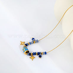 Natural Sodalite Rondelle Beads and 304 Stainless Steel Enamel Deep Sky Blue Column Star Pendant Necklaces for Women&nbsp;WG97891-02