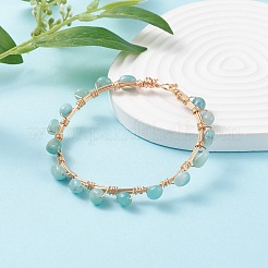 天然アマゾナイト編組ビーズブレスレット  女性のための銅線ラップアクセサリー用原石ジュエリー  ライトゴールド  8-1/8インチ（20.6cm）&nbsp;BJEW-JB07997-04