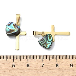 天然パウアシェルペンダント  304ステンレススチールクロスチャーム  ゴールドカラー  ハート  13x10.5x3.5mm  穴：6x3mm&nbsp;PALLOY-JF05710-01