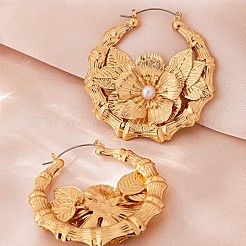 合金プラスチックパールフープピアス  花付き竹製ジョイントリング  ゴールドカラー  60mm&nbsp;FS-WG2E9AB-01