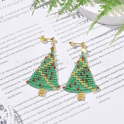 ガラスの種を編んだクリスマス ツリー ダングル スタッド イヤリング  金色の304ステンレススチールワイヤーラップロングドロップイヤリング（女性用）  カラフル  59mm  ピン：0.7mm&nbsp;EJEW-MZ00027