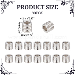 201ステンレススチールヨーロピアンビーズ80個  大穴ビーズ  スジ入りビーズ  コラム  ステンレス鋼色  6x7mm  穴：4.2mm&nbsp;STAS-UN0048-47