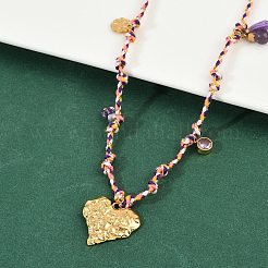 304 Stainless Steel Textured Heart Pendant Cotton Cord Adjustable Necklaces&nbsp;NJEW-C093-01G