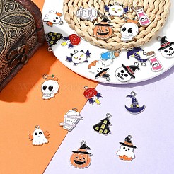 26pcs13スタイルハロウィーンテーマ合金エナメルペンダント  カドミウムフリー＆ニッケルフリー＆鉛フリー  プラチナ  混合図形  ミックスカラー  16.5~28x15~26x1~1.5mm  穴：1.6~2mm  2個/スタイル&nbsp;ENAM-FS0002-08
