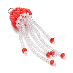 ガラスシードビーズのクラゲペンダント  304ステンレススチール製丸カン付き  レッド  52x16mm  穴：3mm&nbsp;PALLOY-MZ00660-02