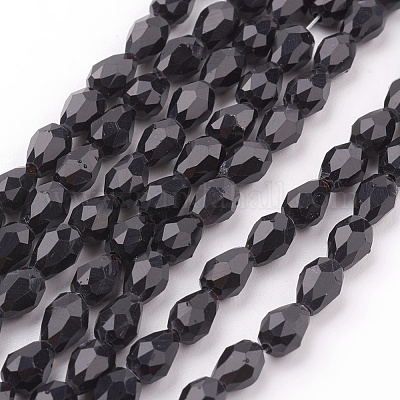 ガラスビーズ連売り  多面カット  ティアドロップ  ブラック  6x4mm  穴：1mm  約65~68個/連  14.96~15.35インチ&nbsp;X-GLAA-R024-6x4mm-13-1
