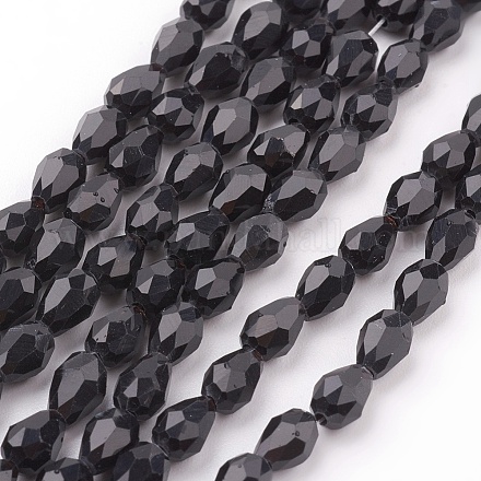 ガラスビーズ連売り  多面カット  ティアドロップ  ブラック  6x4mm  穴：1mm  約65~68個/連  14.96~15.35インチ&nbsp;X-GLAA-R024-6x4mm-13-1