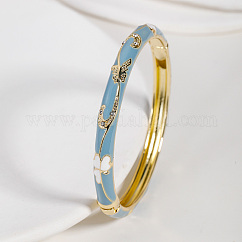 Vintage Zinc Alloy Hinged Bangles for Women, Floral Pattern, with Enamel & Rhinestone, Sky Blue