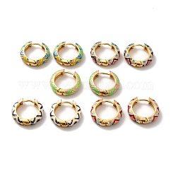 Enamel Rhombus Pattern Huggie Hoop Earrings, Real 18K Gold Plated Brass Jewelry for Women, Cadmium Free & Lead Free, Mixed Color, 5 Gauge, 19x20x4.5mm, Pin: 1mm