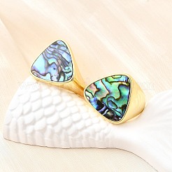 オーシャンスタイルの女性用真鍮カフリング  天然パウアシェル付き  三角形  18KGP本金メッキ  18.5mm&nbsp;RJEW-F184-18G
