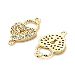 Brass Micro Pave Clear Cubic Zirconia Heart Lock Connector Charms&nbsp;KK-M324-14G