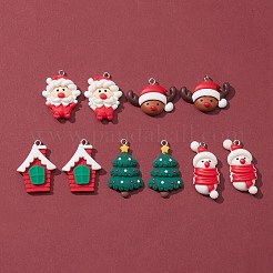 10個5スタイル不透明樹脂ペンダント  プラチナトーンの鉄ループ付き  クリスマスツリー、鹿、雪だるま、家、サンタクロース  ミックスカラー  26.5~34x15~21.5x5~7mm  穴：2mm  2個/スタイル&nbsp;RESI-FS0001-30