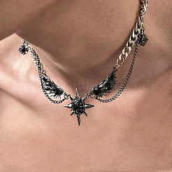 304 Stainless Steel Jet Rhinestone Star with Wings Choker Necklaces for Women&nbsp;FS-WG57FF6-01