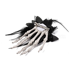 蝶の付いた骸骨のプラスチック製ワニ口ヘアクリップ  ハロウィン用の鉄製の金具が付いた羽根のヘアアクセサリー  ブラック  160x90x35mm&nbsp;PHAR-M015-03