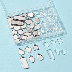 36個 6スタイル 04ステンレススチールペンダントカボションセッティング  プレーンエッジベゼルカップ  36スタイルの透明ガラスカボション6個付き。  ハート＆フラット ラウンド＆ティアドロップ  混合図形  ステンレス鋼色  トレイ：10~14x10~25  15~30x10.5~13.5x1~2mm  穴：1.6~2.5mm  6個/スタイル  72個/箱&nbsp;STAS-FS0001-27
