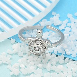 女性用304ステンレススチールオープンカフ指輪  キュービックジルコニア付き  カメ  プラチナ  12.5x11mm  内径: 調節可能&nbsp;RJEW-B109-07P-01
