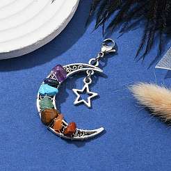Wire Wrapped Chakra Synthetic & Natural Mixed Stone Chips & Alloy Moon/Star Pendant Decorations&nbsp;HJEW-JM01574-01