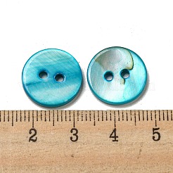 淡水シェルボタン  2穴  フラットラウンド  シアン  15x1~2mm  穴：1.5~2mm&nbsp;SHEL-C005-01B-03