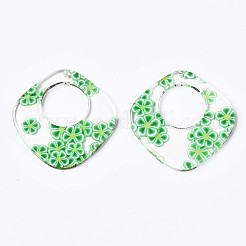 無色透明セルロースアセテート（樹脂）ペンダント  印刷  花と菱形  ライムグリーン  36x35x2.5mm  穴：1.4mm&nbsp;LS-KY-T040-63A