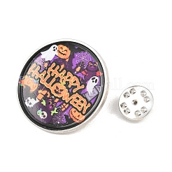ハッピーハロウィンプリントの合金製ラペルピン（バックパックや衣類用）  カボチャの幽霊が描かれたフラットラウンドい形  プラチナ  カラフル  30.5mm&nbsp;AL-CBA1C64-02P