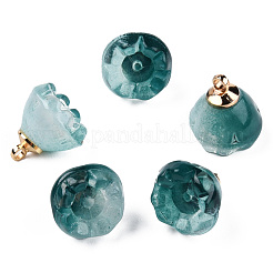 透明スプレー塗装ガラスチャーム  ライトゴールドメッキ真鍮パーツ  花  ティール  14x13x13mm  穴：2mm&nbsp;GLAA-N035-031-C01