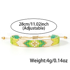女性用調節可能なガラスシードビーズ編みビーズブレスレット  緑黄  11.02インチ（28cm）&nbsp;AP3719-4