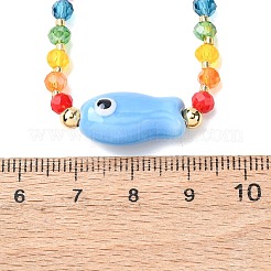 友人やカップル向けの磁器の魚のペンダントと虹色のガラスビーズのネックレス  ゴールドカラー  コーンフラワーブルー  16.54インチ（42cm）&nbsp;KF3974-2