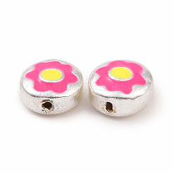 合金エナメルビーズ  銀  花付きフラットラウンド  ミックスカラー  8x4mm  穴：1~1.2mm&nbsp;ENAM-K067-03