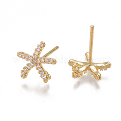 真鍮製スタッドピアスパーツ  キュービックジルコニアとカン付き  18KGP本金メッキ  ヒトデ/海星  透明  9.5x10mm  穴：1mm  ピン：0.8mm&nbsp;LS-X-KK-T038-470G