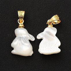 天然石ホワイトシェルペンダント  ゴールデンメッキ真鍮パーツ  兎  ホワイト  15x10x5mm  穴：4x4mm&nbsp;SHEL-G014-13B