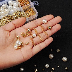 DIYラウンドビーズジュエリーセット作成キット  丸いabsプラスチックビーズを含む  鉄製のペーパークリップチェーンとエンドチェーンと丸カン  亜鉛合金の留め金  伸縮性ストレッチスレッド  ゴールドカラー  ビーズ：約361個/セット&nbsp;DIY-YW0004-45G