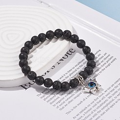 ラウンド天然溶岩ビーズ ストレッチ ブレスレット  女性のための樹脂のナザールボンジュウの魅力のヨガのブレスレットと合金の蓮  ブラック  内径：2-1/4インチ（5.8cm）&nbsp;BJEW-JB08260