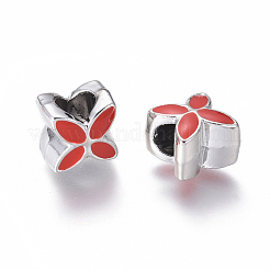 合金エナメルヨーロピアンビーズ  大きな穴の花のビーズ  銀色のメッキ  レッド  10x10x8mm  穴：5mm&nbsp;ENAM-J257-04S-AAA