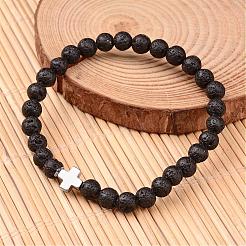 Cross Natural Lava Rock Beaded Stretch Bracelets&nbsp;BJEW-JB02258