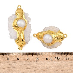 Natural Pearl & Raw Natural Quartz Crystal Flat Round Connector Charms&nbsp;KK-H516-08G