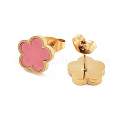 花の樹脂スタッドピアス  女性用ゴールデントーン 304 ステンレススチールジュエリー  ピンク  9.5x10mm&nbsp;EJEW-K281-01G-01