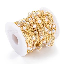 手作り真鍮ビーズチェーン  ccbプラスチックイミテーションパール＆真鍮ビーズバンド付き  長持ちメッキ  溶接されていない  スプールで  ライトゴールド  ストリップ：17x6x5mm  ビーズ：18.5x7x7mm  32.8フィート（10m）/ロール&nbsp;CHC-M021-26LG