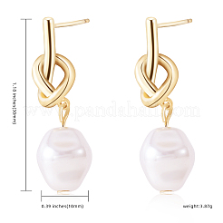 イミテーションパール付きノットダングルスタッドピアス  女性のための真鍮のアクセサリー  ゴールドカラー  30x10mm  ピン：0.9mm&nbsp;JE1099A