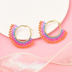304ステンレススチールとボヘミアンビーズのファンフープピアス（女性用）  ゴールドカラー  ミスティローズ  43.5x50x4.5mm  ピン：0.8mm&nbsp;EJEW-R001-01G-05