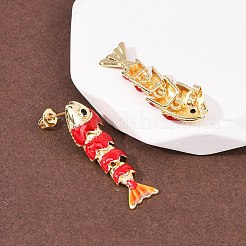 魚の真鍮マイクロパヴェキュービックジルコニアダングルスタッドピアス  エナメル付き  18KGP本金メッキ  ラックめっき  長持ちメッキ  カドミウムフリー＆鉛フリー  レッド  32.5x10mm&nbsp;EJEW-C174-05G-04
