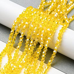 透明電気メッキガラスビーズ連売り  パール光沢メッキ  多面カット  双円錐形  ゴールド  2.9~3.3x2.5mm  穴：0.7mm  約135~140個/連  38~40cm&nbsp;LS-GLAA-F029-2mm-C22