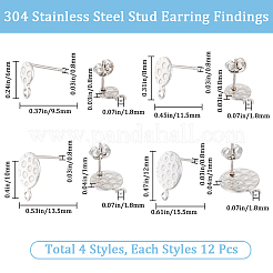 48個 4スタイル 304ステンレススチールスタッドピアス金具  垂直ループとイヤーナット付き  テクスチャフラットラウンド  ステンレス鋼色  9.5~15.5x6~12x0.8~1mm  穴：1.8mm  ピン：0.8mm  12個/スタイル&nbsp;STAS-SC0007-31